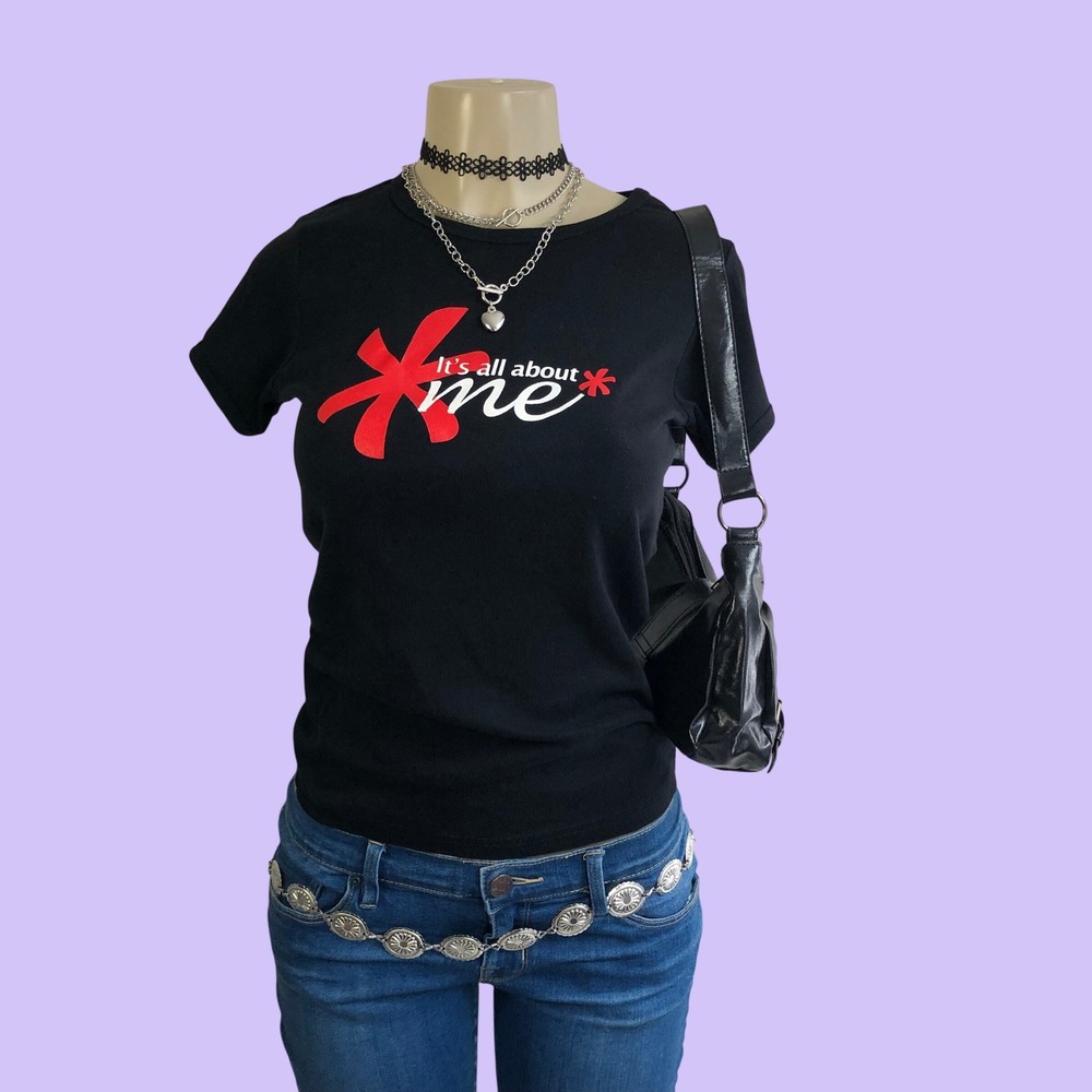 Vintage Y2K Anvil Its All About Me Black Graphic Baby Tee Shirt Womens M